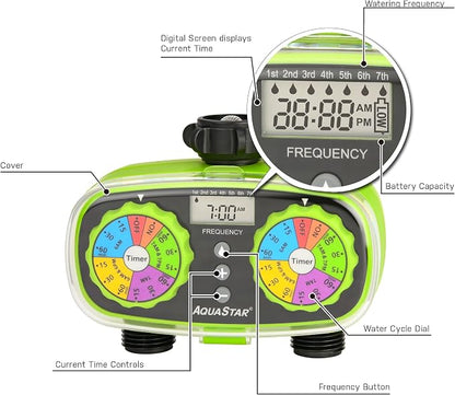 AQUASTAR Two-Zone Hose Watering Timer (Green), Automatic Irrigation for Lawn, Garden, Yard, Two Outlets