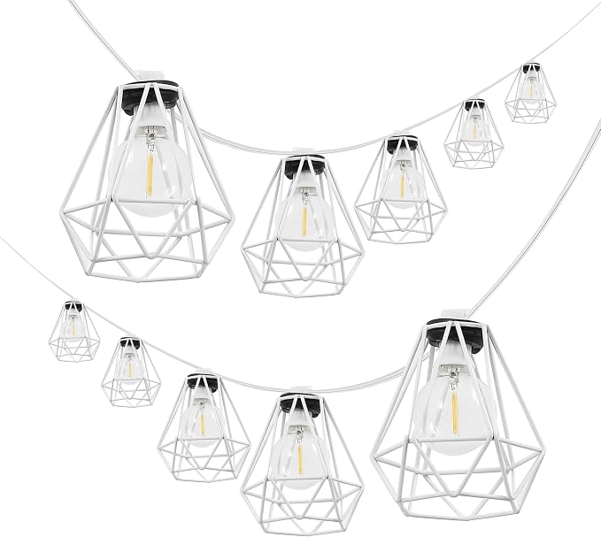 JONATHAN Y 10' White LED String Lights, 10-Light Indoor/Outdoor Set for Patio Deck, Modern Iron Diamond Cage Shade, Weather-Resistant, Connectable, UL Listed (JYL8705B)
