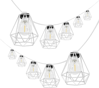 JONATHAN Y 10' White LED String Lights, 10-Light Indoor/Outdoor Set for Patio Deck, Modern Iron Diamond Cage Shade, Weather-Resistant, Connectable, UL Listed (JYL8705B)