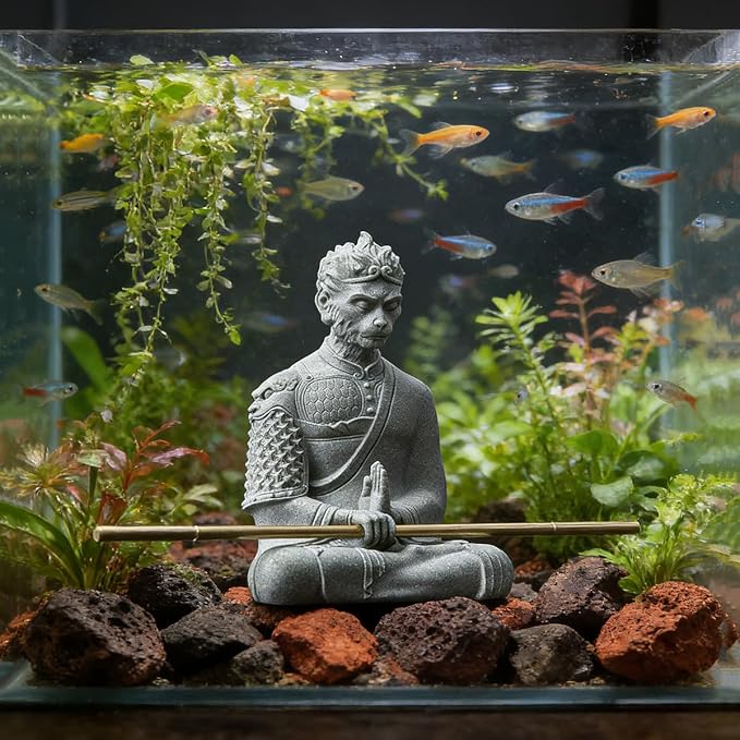 livelyfish Aquarium Sun Wukong Statue Monkey Kings Buddha Statues Zen Sandstone Figurines for Fish Tank Garden Aquarium Decor (Grey)
