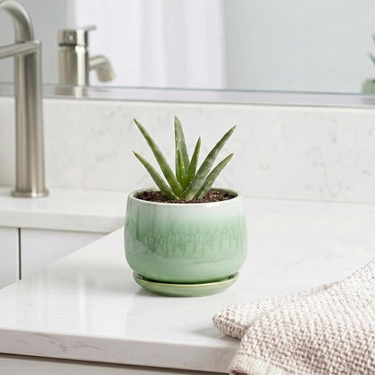 Ceramic Plant Pots - 4 Inch Pots for Plants with Drainage Hole and Saucer, Small Succulent Pot for Indoor Plants, Round Ceramic Planter, Home Office Decor, House Warming Gifts, Green