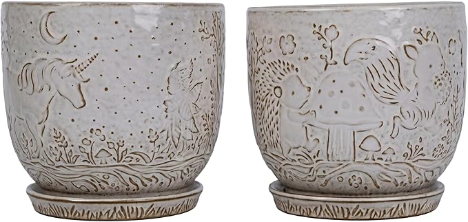 Claybourne Embossed Terracotta Plant Pots with Drainage Hole & Saucer, 4/6/8 Inch, Indoor/Outdoor Planter with Pebbles (White（Forest Elf）, 6 inch)