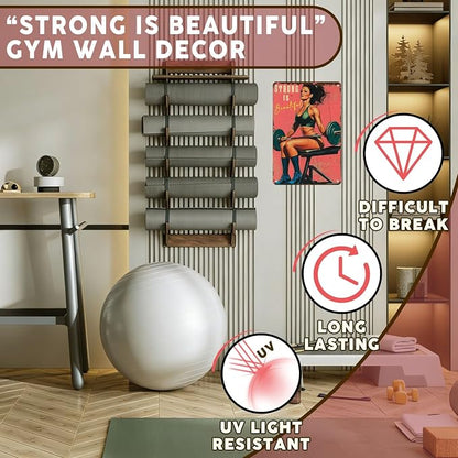 PEACHGARDEN Gym Decor Gym Girl Metal Signs Strong Is Beautiful Poster Girl Fitness Wall Art Decor Metal Tin Sign for Fitness Studio Workout Room Garage Kitchen 8x12inch