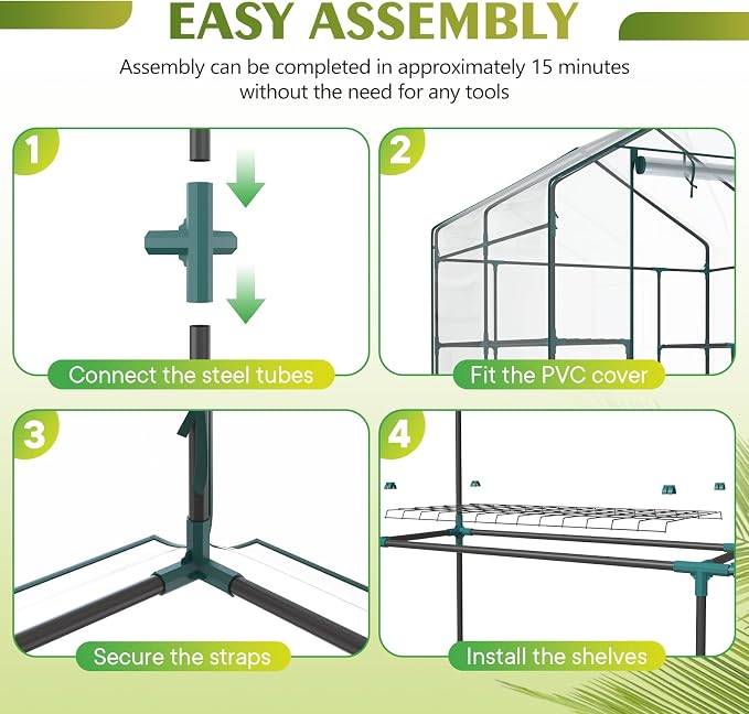 NEWBULIG Walk-in Greenhouse 56.3"x56.3"x76.7" Outdoor, Portable Greenhouse Kit with Thick PVC Cover & Roll-Up Zipper Door, Sturdy Steel Frame for Backyard, Patio, Garden, Clear