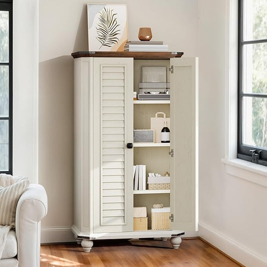 DWVO 4-Tier Storage Cabinet, 45.2" Farmhouse Kitchen Pantry Cabinet wth 2 Shutters-Doors & Adjustable Shelves, Wooden Tool Cabinet for Dining Room, Bathroom, Living Room, Laundry Room, Office, White | 4-Tier Storage Cabinet, Adjustable Shelves, Wooden ...