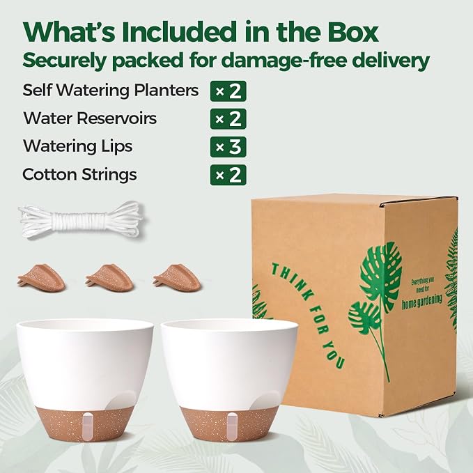 2 Pack 10 Inch Self Watering Pots - Water Level Indicator & Deep Reservoir, Mess-Free Planter for Busy People, Beginners & Gardeners, Fiddle Leaf Fig, Monstera, ZZ Plants, Indoor Outdoor Use (White)