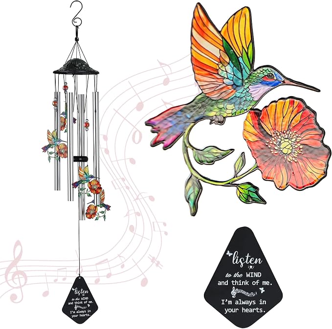 YU FENG Hummingbird Memorial Wind Chime, Yellow Flower Suncatcher Decor | 34 Inch Metal Wind Chime, Crystal Prism Accent, Sympathy Gift For Mom Grandma, Outdoor Garden Patio Decor