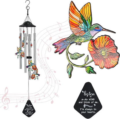 YU FENG Hummingbird Memorial Wind Chime, Yellow Flower Suncatcher Decor | 34 Inch Metal Wind Chime, Crystal Prism Accent, Sympathy Gift For Mom Grandma, Outdoor Garden Patio Decor