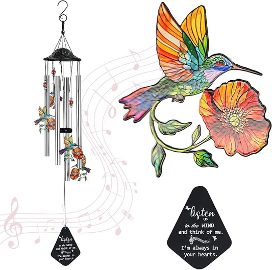YU FENG Hummingbird Memorial Wind Chime, Yellow Flower Suncatcher Decor | 34 Inch Metal Wind Chime, Crystal Prism Accent, Sympathy Gift For Mom Grandma, Outdoor Garden Patio Decor