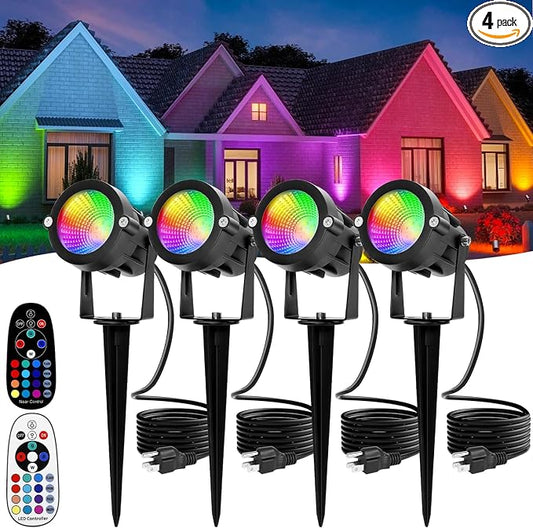 Multi Colored Spotlights Outdoor: RGBW LED Spot Light Plug in 120V Remote Control 16 Color Changing Landscape Light Spot for Lawn Yard Garden Outside Path Tree Holiday Décor, 4 Pack (RGB+Warm White)