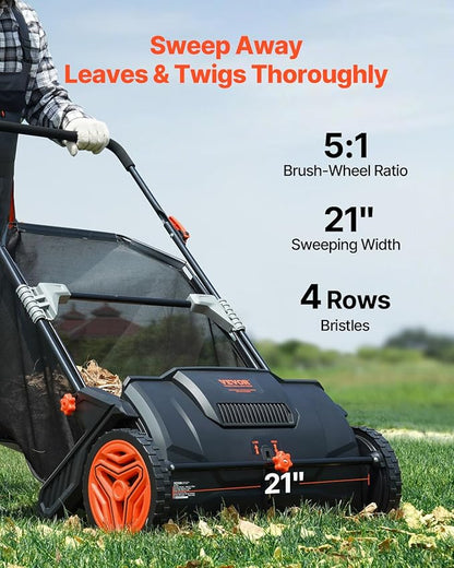 VEVOR Push Lawn Sweeper, 21inch Leaf & Grass Collector, Heavy Duty Thickened Steel Durable to Use with Large Capacity 3.5 cu. ft. Mesh Collection Hopper Bag, 2 Spinning Brushes | Adjustable Brush Height & 2 Spinning Brushes, Manual Yard Sweeper for Lea...