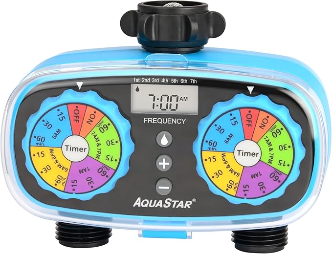 AQUASTAR Two-Zone Hose Watering Timer (Blue), Automatic Irrigation for Lawn, Garden, Yard, Two Outlets
