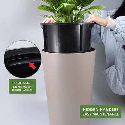 Dexceder 22x13 Self Watering Tall Planter (Taupe Matte) | High Cylinder, Thickened Large Floor Standing Flower Plant Pot with Water Level Indicator Indoor Outdoor