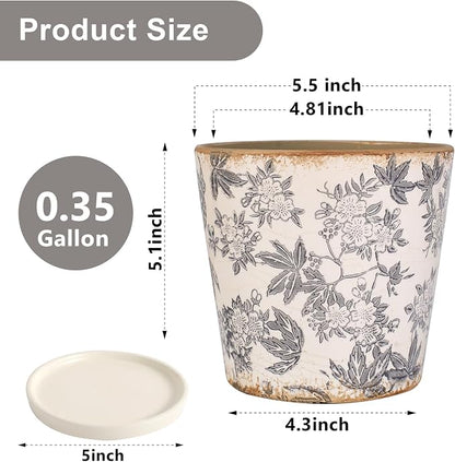 Ceramic Flower Pots For Indoor Plant, 5.5 Inch Small Ice Crack Plant Pots With Drainage Hole & Saucer, Decorative Vintage Planters For Succulent Herb Cactus Mint Basil, Garden Pot For Home Decor