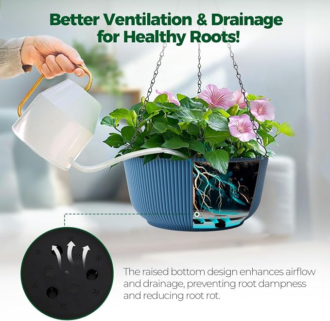 T4U 10 Inch Hanging Planters for Indoor Outdoor Plants, Hanging Baskets for Plants Pack of 2, Self Watering Hanging Pots with Drainage Hole for Garden Home Decor, Blue