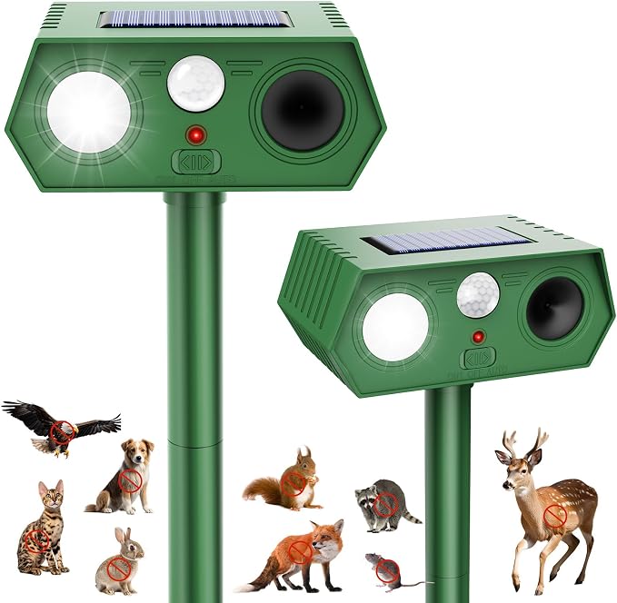 2 Pack 2026 Upgraded Solar Ultrasonic Animal Repellent Outdoor, Deer Repellent Devices Waterproof, Motion Activated Cat Repellent Outdoor, Squirrel Raccoon Skunk Rabbit Dog Bird Deterrents for Yard