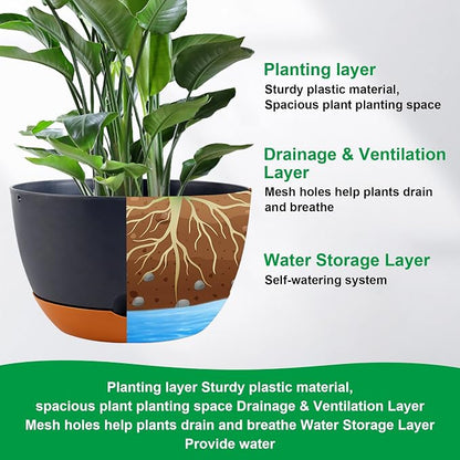 Nooulap 12/10/8/8 Inch Pots for Plants, 4 Pack Large Self Watering Pots for Indoor Plants with Drainage and Saucers, Plastic Outdoor Flower Pot(Grey)