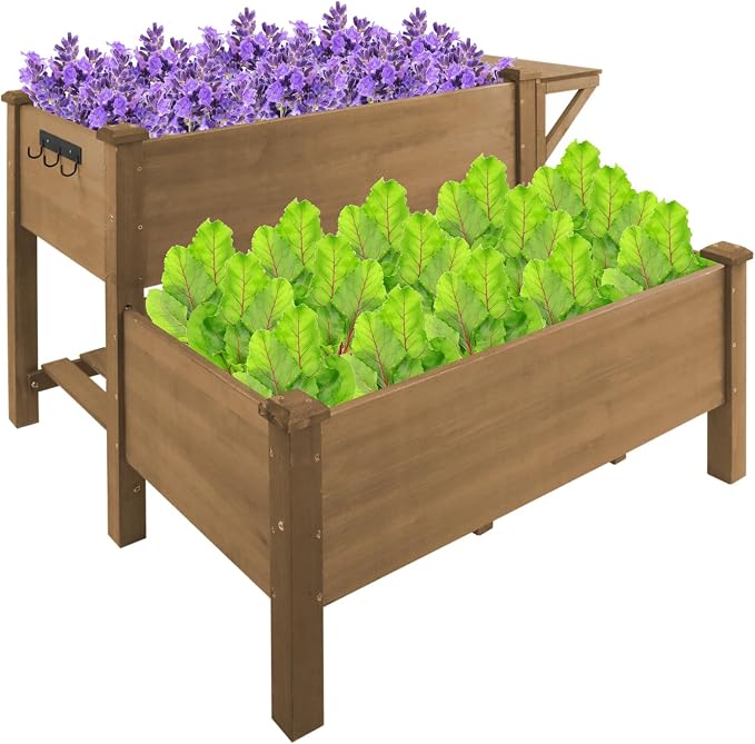 ketive 2-Tier Raised Garden Bed with Legs Outdoor Elevated Garden Box,Storage Shelf,Protective Liner for Backyard,Patio,Balcony,55x42x30in (Brown)