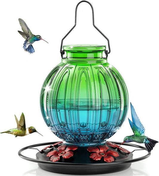 Glass Hummingbird Feeder for Outdoors Hanging, Bird Nectar Feeder with Perch & 5 Flower Feeding Ports, 26 Oz Leak Proof for Outside Garden Decor Backyard, Gifts for Women Mom, Green & Blue