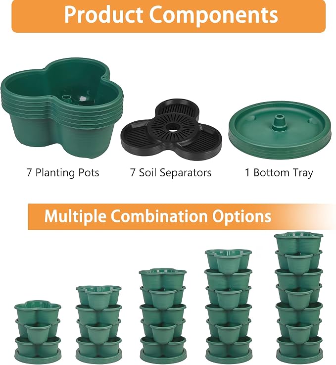 VECELO 7 Tier Vertical Garden Planter, Self Watering Stackable Planters with Wheels for Strawberries, Herbs, Flowers, Vegetables, Dark Green