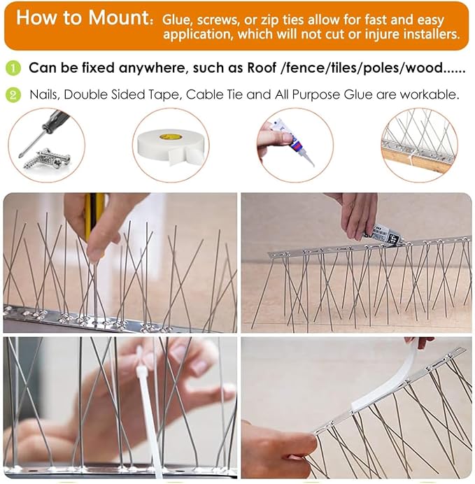 Bird Spikes,Stainless Steel for Outside Easy to Install - 15 Strips 17 Feet Coverage