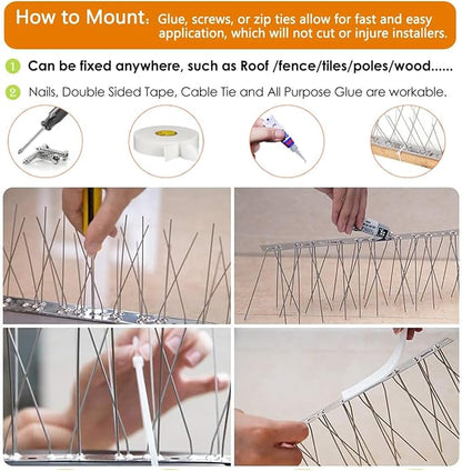 Bird Spikes,Stainless Steel Bird Spikes for Outside Easy to Install - 22 Strips 25 Feet Coverage