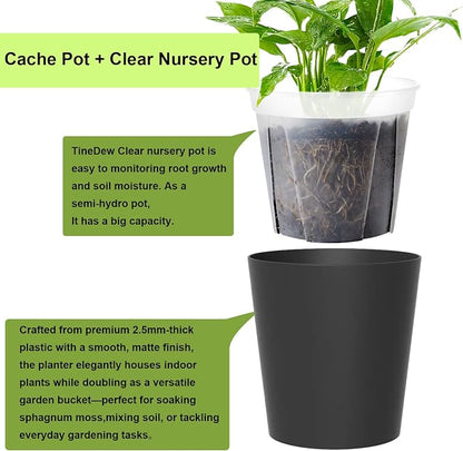 6 Pack of 6in Plastic Cachepot with 6 inch Clear nusery Pot - self Watering Indoor Planter with Drainage for Root Visibility,semi Hydro pots for repotting Monstera,Orchids,Aroid,Black