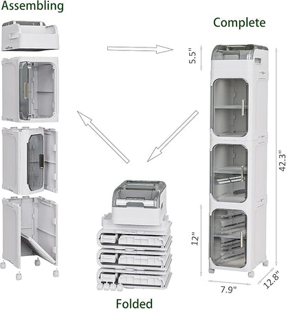 BINSIO 4-Tiers Toilet Paper Storage, Slim Bathroom Organizers and Storage, Bathroom Counter Organizer, Bathroom Organizer Storage Cabinet, Portable Laundry Room Organization, Plastic White Clear Doors