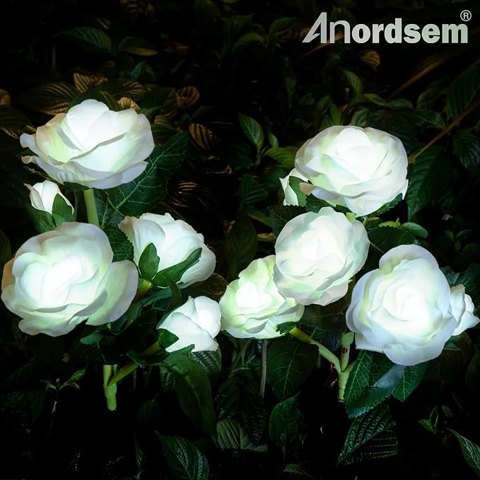 Anordsem Solar Garden Lights Outdoor: 10 Waterproof Fabric Roses 2 Pack - White LED Flower Decorations for Yard Patio Path Cemetery Grave - Mother 's Day Gift for Her Women Mom Wife