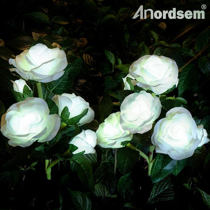 Anordsem Solar Garden Lights Outdoor: 10 Waterproof Fabric Roses 2 Pack - White LED Flower Decorations for Yard Patio Path Cemetery Grave - Mother 's Day Gift for Her Women Mom Wife
