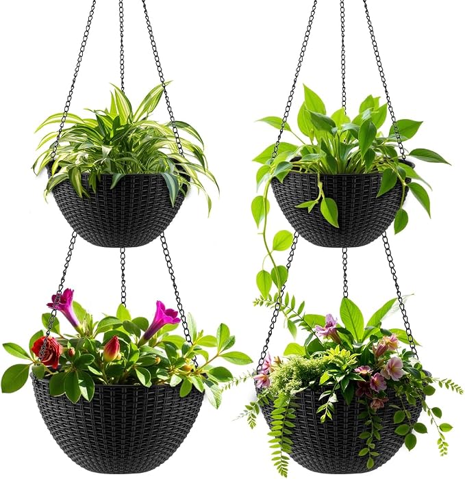 RooTrimmer Hanging Planters for Indoor Outdoor Plants 8 and 10 Inch, 4 Packs Hanging Flower Pot with Drainage Holes, Self-Watering Hanging Basket Perfect for Home, Office and Garden, Black