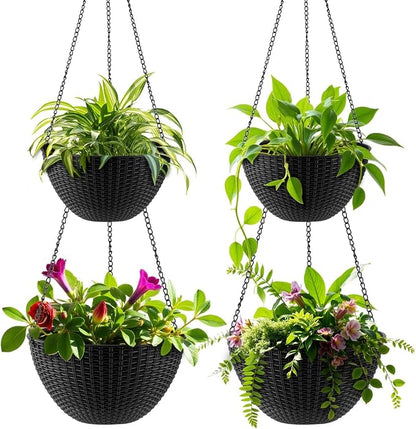 RooTrimmer Hanging Planters for Indoor Outdoor Plants 8 and 10 Inch, 4 Packs Hanging Flower Pot with Drainage Holes, Self-Watering Hanging Basket Perfect for Home, Office and Garden, Black