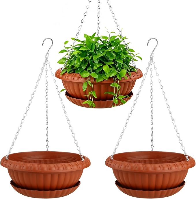 summer flower 3 Pack Large Hanging Planters 12.59in Plastic Plant Pots with Drainage Holes & Trays for Indoor Outdoor Garden Wall Window Decor (Red)