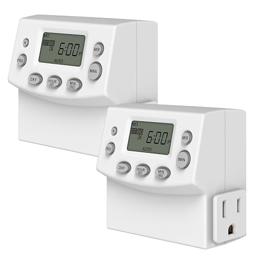ENERLITES Heavy Duty Programmable Digital Plug-in Timer for Electrical Outlets, Timer Outlet for Lights, Lamps, Grounded Outlet, 7 Day Random, 120V 15A 1200W, HET07, White, 2 Pack