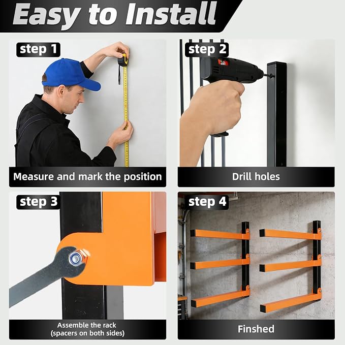 Lumber Storage Rack Wall Mounted 2 Pack, Wood Organizer with 3-Level Holds Up to 660LBS, Heavy Duty Folding Metal Garage Organizer for Indoor and Outdoor, Orange