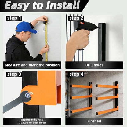 Lumber Storage Rack Wall Mounted 2 Pack, Wood Organizer with 3-Level Holds Up to 660LBS, Heavy Duty Folding Metal Garage Organizer for Indoor and Outdoor, Orange