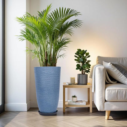QCQHDU Set of 2 9 Gallon Tall Large planters for Outdoor/Indoor Plants of 12" Dia x 21" H Round Flower Pots Set Faux Stone Finish Front Door Patio Square Porch Planters with Tray, Sky Blue