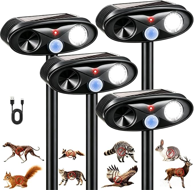 4 Pack Upgraded Solar Animal Repellent Ultrasonic Outdoor for Cats, Raccoons,Squirrels,Rabbits &Foxes,Sonic Deer Repellent Devices Waterproof with Motion Sensor& Flashing Animal Deterrent for Garden