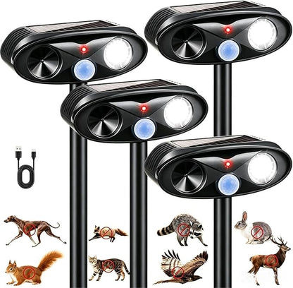 4 Pack Upgraded Solar Animal Repellent Ultrasonic Outdoor for Cats, Raccoons,Squirrels,Rabbits &Foxes,Sonic Deer Repellent Devices Waterproof with Motion Sensor& Flashing Animal Deterrent for Garden