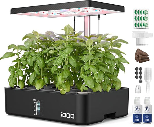 iDOO Hydroponics Growing System Kit 12Pods, Indoor Herb Garden with LED Grow Light, Built-in Fan, Auto-Timer, Adjustable Height Up to 11.3", for Home School Office, Gifts for Women Men Fathers