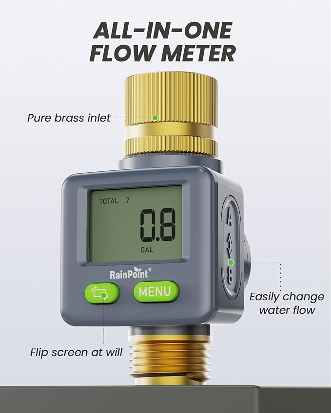 RAINPOINT Water Flow Meter with Brass Inlet & Outlet, 180° Screen-Flip Water Meter, Measure Gallon/Liter Consumption for RV Filling, Garden Watering, Sprinkler and Hoze Nozzle, 2pcs