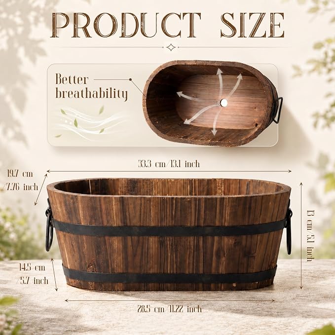 Canlierr 13.1 Inch Wooden Whiskey Barrel Planter Outdoor Large Rustic Flower Planter Pot with Handles and Drainage Holes Garden Balcony Plants for Garden Patio Yard Porch Brown