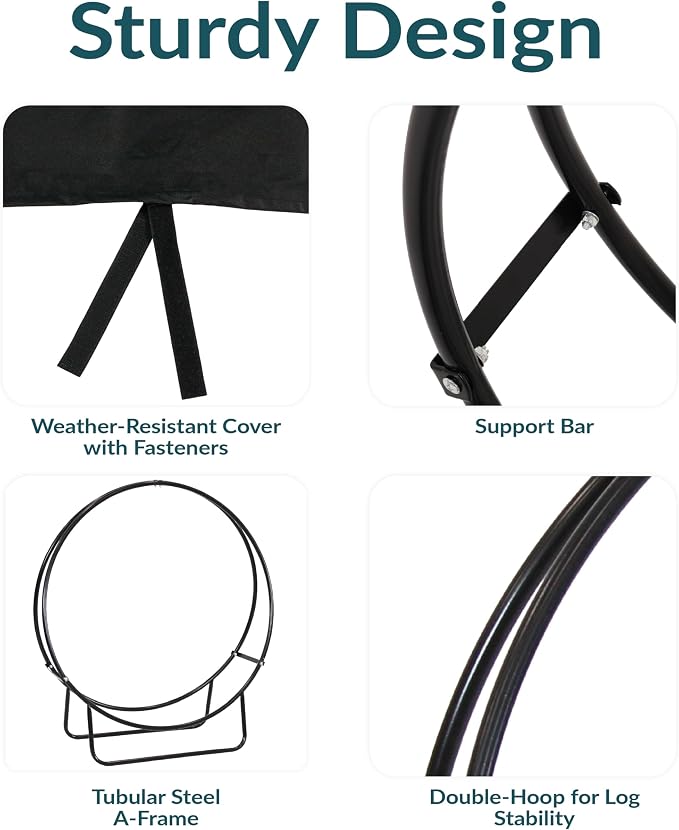 Sunnydaze 40-Inch Firewood Rack with Cover - Black Indoor Firewood Holder - Log Holder Hoop and Cover Set - 500-lb Capacity