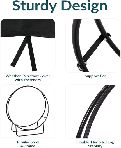 Sunnydaze 40-Inch Firewood Rack with Cover - Black Indoor Firewood Holder - Log Holder Hoop and Cover Set - 500-lb Capacity