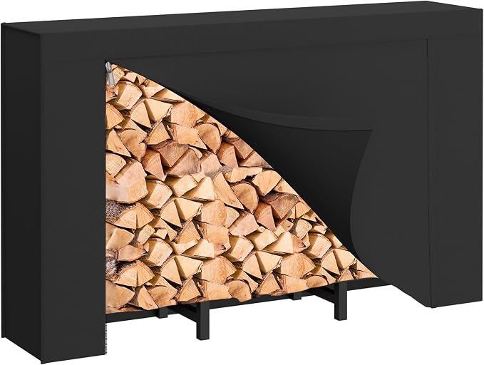 DIAMONDFORGE 4ft Firewood Rack Outdoor with Cover, Heavy Duty Fire Wood Stand, Metal Firewood Rack Indoor, Firewood Holder Storage, Log Wood Pile Racks Stand for Patio, Garden, Backyard, Matte Black
