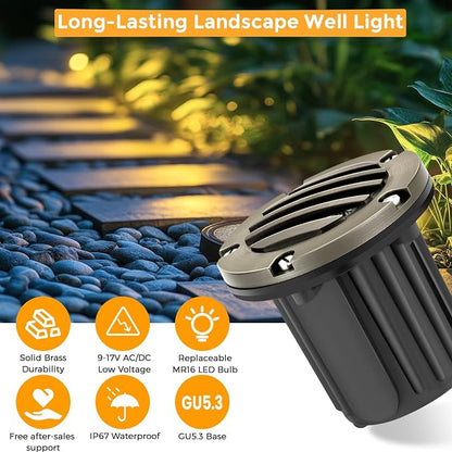 Gardencoin Brass Low Voltage Landscape Well Lights (5" Cover, 5.5" Tall), 12V LED Wired In-Ground Outdoor Up Lighting Fixture Waterproof, Adjustable Beam Direction Base, Without MR16 Bulb (12 Pack)