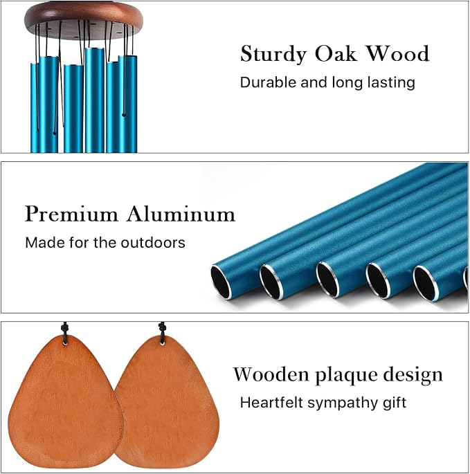 37 Inch Large Aluminum Wind Chimes, Serene Blue with Deep Tone and Wood Top, Outdoor Decor for Garden Patio Backyard Porch, Birthday Housewarming Gift