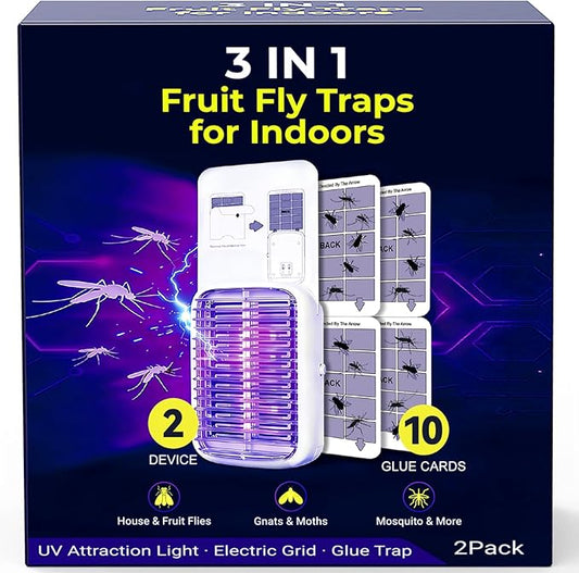Upgraded Fruit Fly Traps for Indoors, Flying Insect Trap for Fruit Flies, Gnats, Plug in Bug Zapper Indoor with Dual-UV Lights & Trapping, Electric Grid & Glue Traps