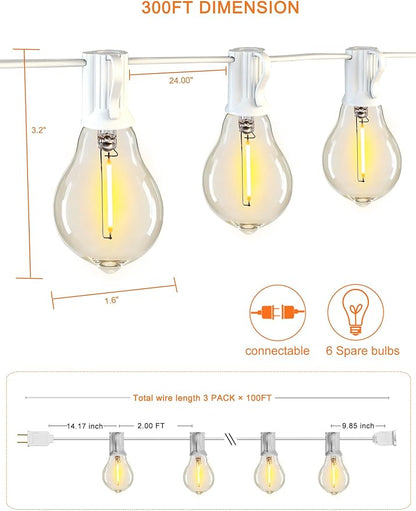 DAMAING Outdoor String Lights 300FT(3x100FT) Waterproof Patio Lights with 156 Shatterproof Dimmable LED Edison Bulbs,Connectable Outdoor Lights for Backyard Party Wedding Outside, 2200K White Cord