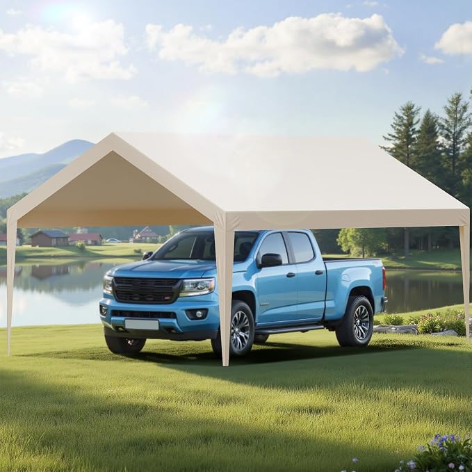VEVOR Carport Replacement Canopy Cover, 12 x 20 ft Potable Garage Tent Top Tarp, UV-Resistant & Waterproof Car Shelter Tarp, Heavy Duty Car Port Cover with Ball Buggees, Beige, Frame Not Included